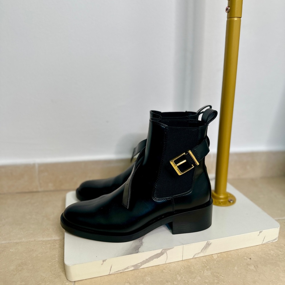 Black Ankle Boots with Gold Buckle